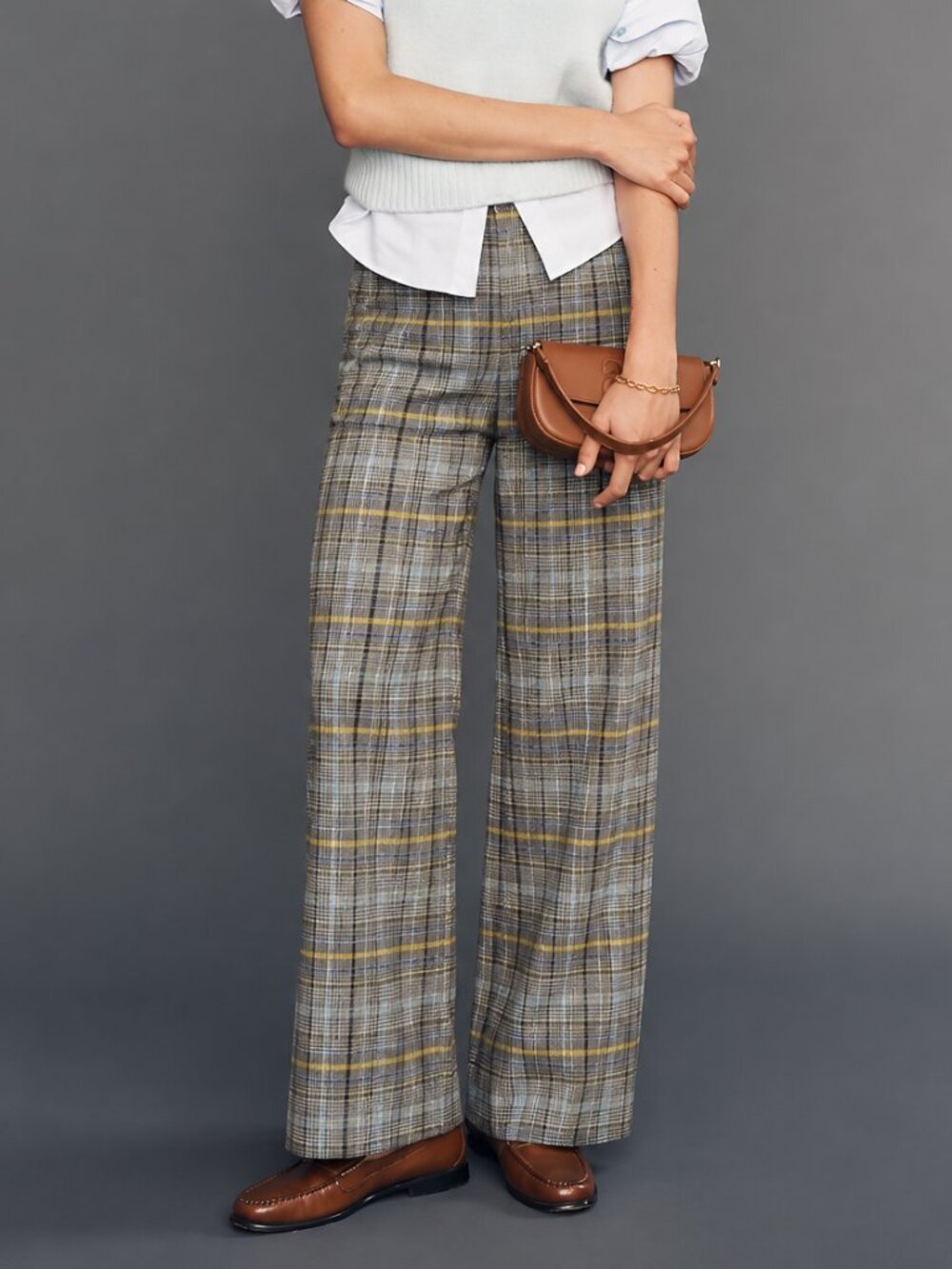 Grey Plaid Check Wide Leg Trousers Yellow Blue Stripe Tailored Preppy Pants
